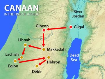 Map of Canaan and the cities that Joshua and the Israelites conquered. 