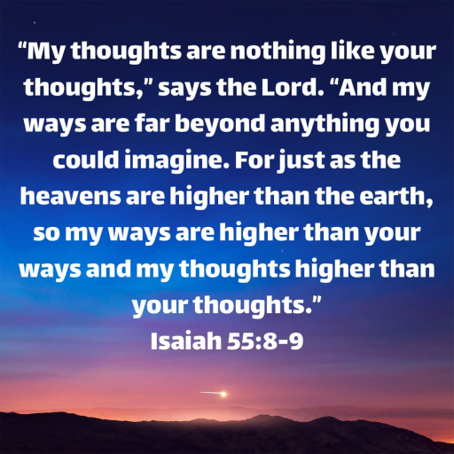 “My thoughts are nothing like your thoughts,” says the Lord.
“And my ways are far beyond anything you could imagine.
For just as the heavens are higher than the earth, so my ways are higher than your ways and my thoughts higher than your thoughts.